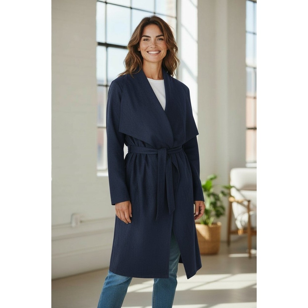 Mono B Womens Midnight Gray Open Front Belted Shawl Collar Duster Coat S